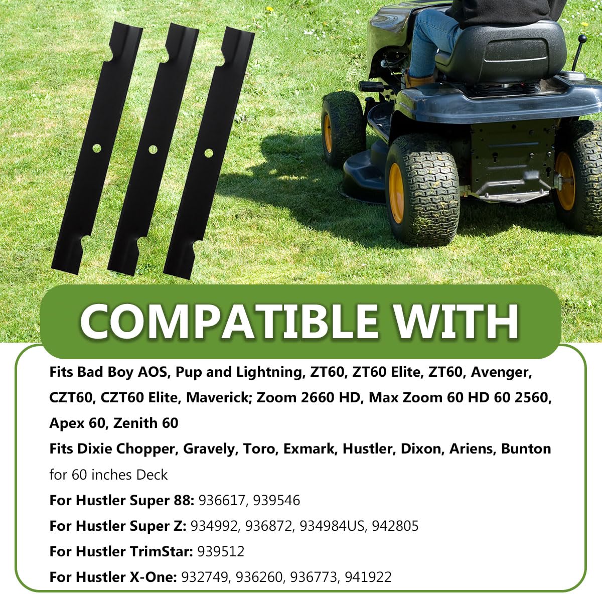 BCQNXX replacement blades shown alongside a 60-inch mower for reference