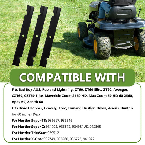 BCQNXX replacement blades shown alongside a 60-inch mower for reference