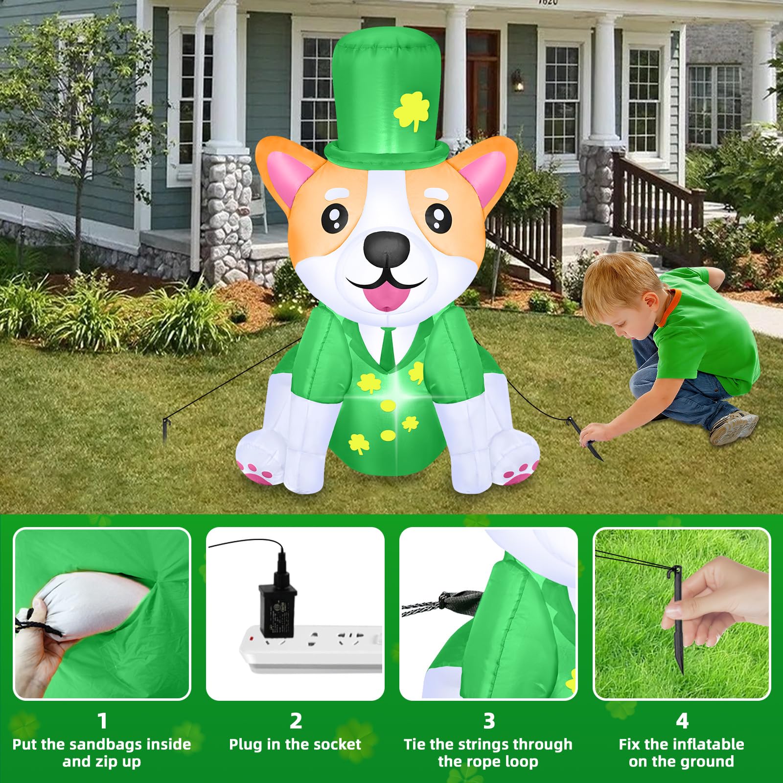 BD Corgi outdoor display brightens yard during Patrick's Day celebration.