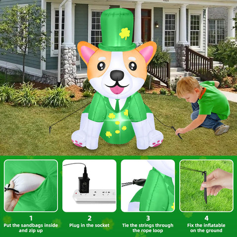 BD Corgi outdoor display brightens yard during Patrick's Day celebration.