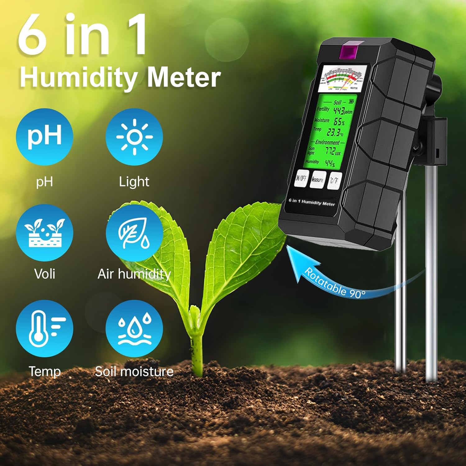 BDZMLITE pH meter with digital probe for precise soil acidity.