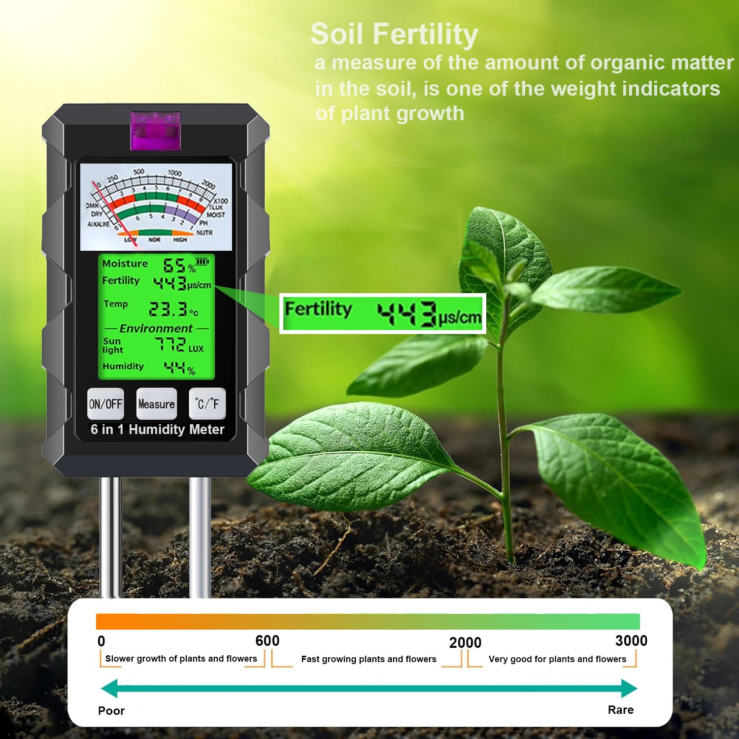 BDZMLITE soil temperature and sunlight meter optimizes plant exposure.