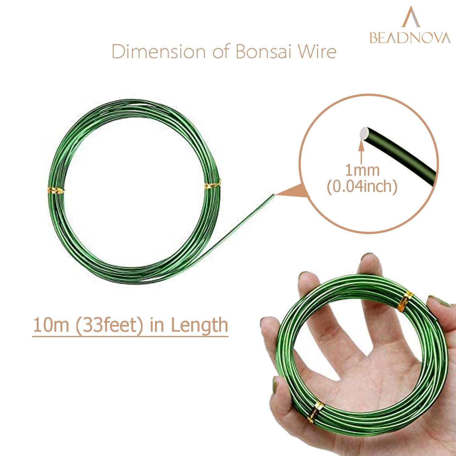 Close-up of BEADNOVA 1mm green aluminum bonsai wire showing flexibility.