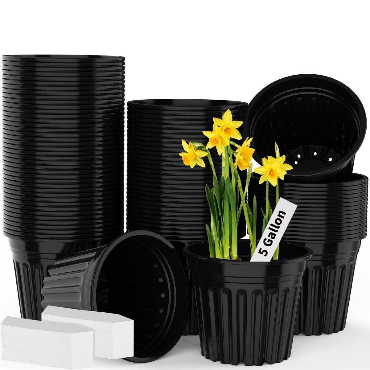 BeapTcely 24 Pcs 5-Gallon nursery pots with writable plant labels for easy plant tracking