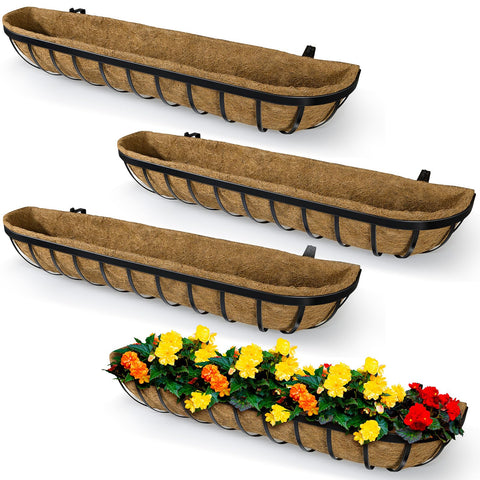 BeapTcely 4-pack railing planter boxes on a balcony with coconut liner for drainage.
