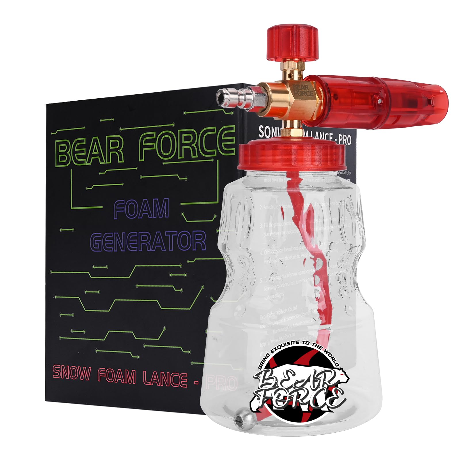 BEAR FORCE brass foam cannon front view showing dense car foam output