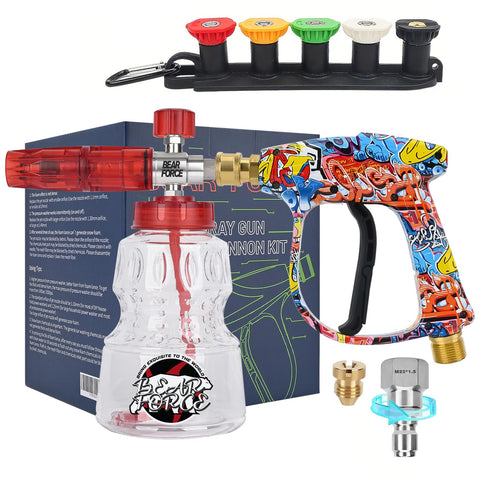 BEAR FORCE spray gun close-up showing durable brass inlet for long-lasting cleaning.
