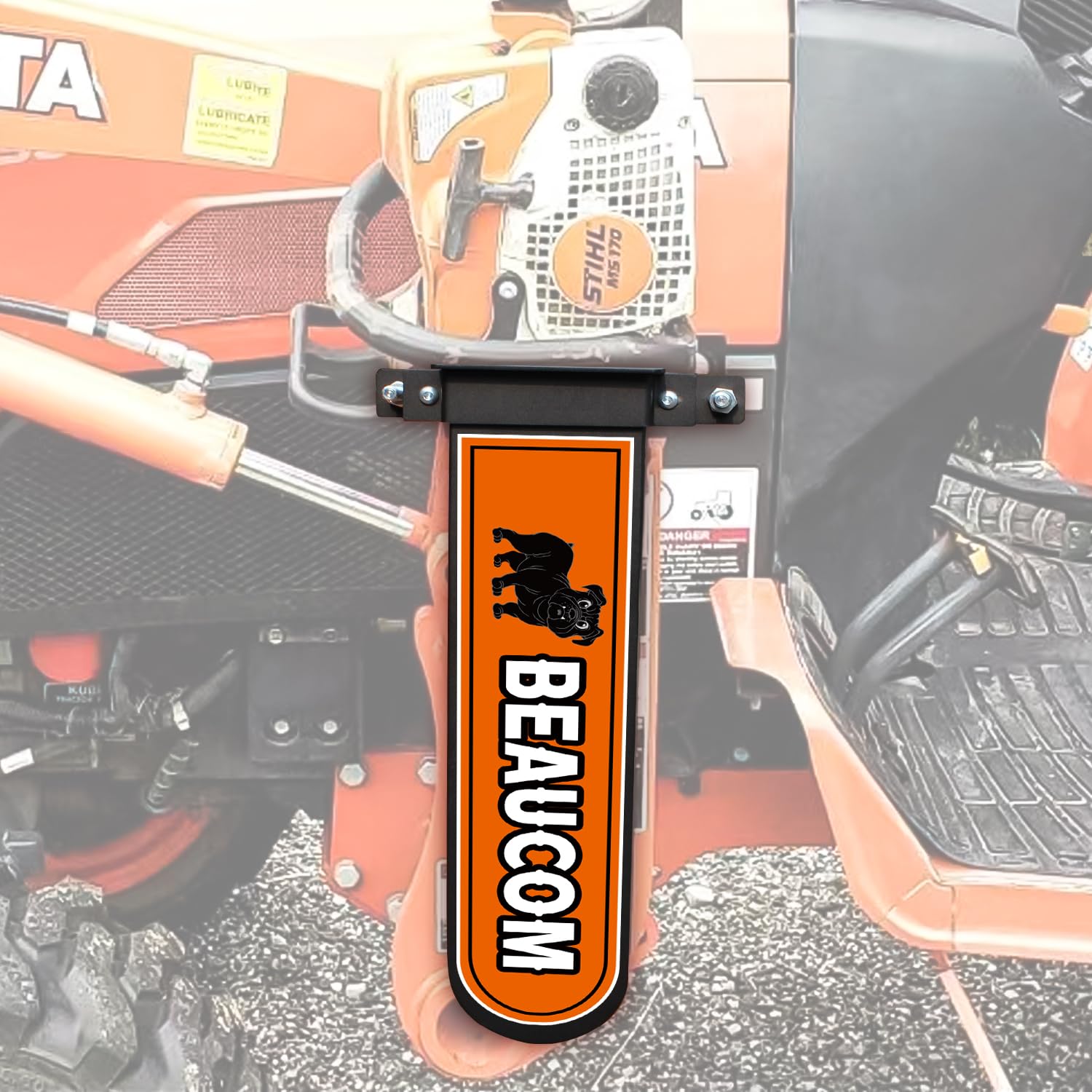 BEAUCOM Chainsaw Holder mounted on tractor for secure transport.