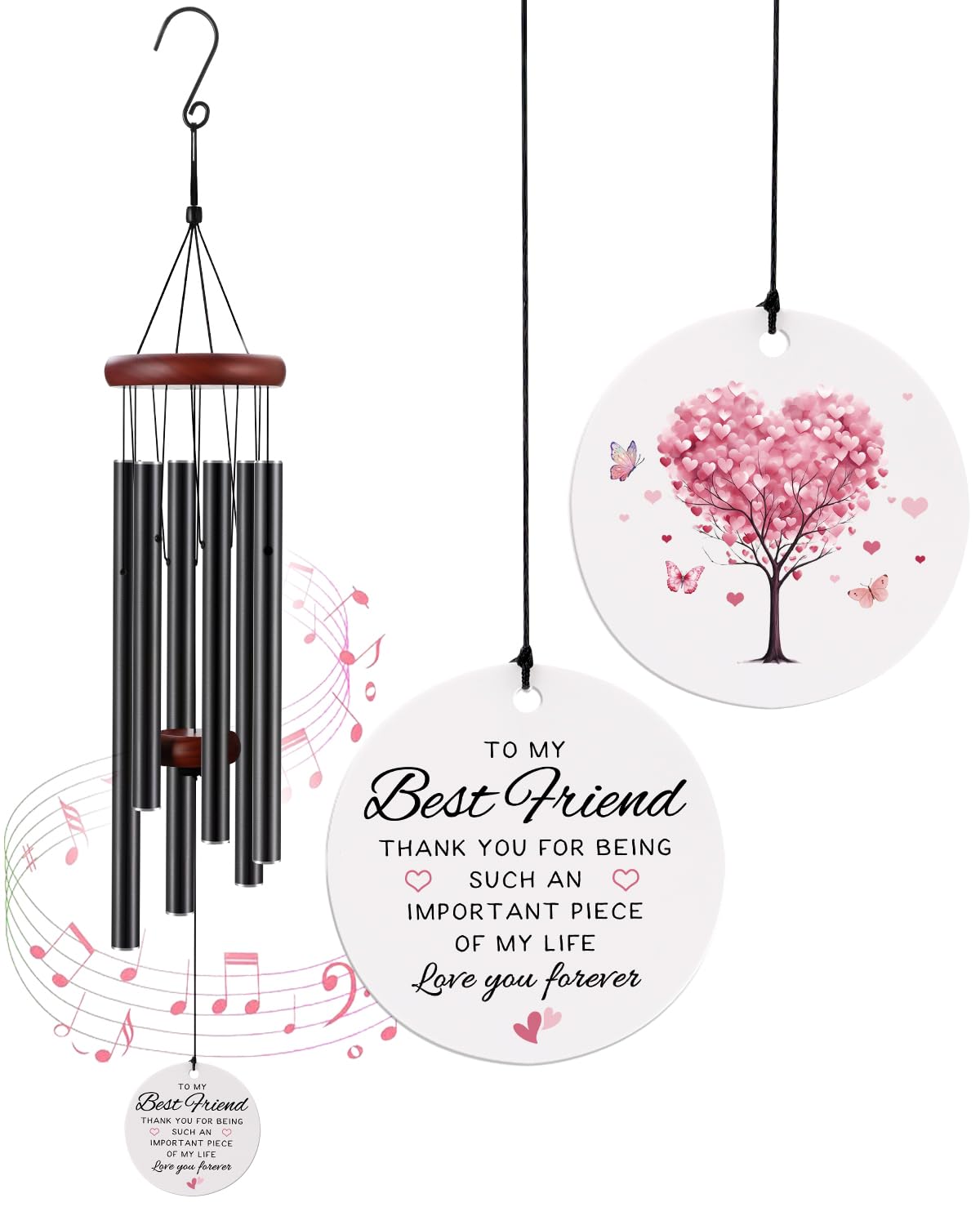 BeauGift best-friend wind chime front view showcases six tubes and heartfelt message.