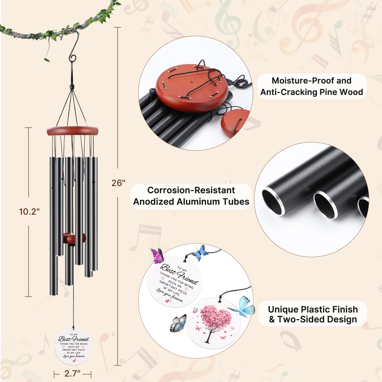 BeauGift wind chime top view highlights durable pine top.