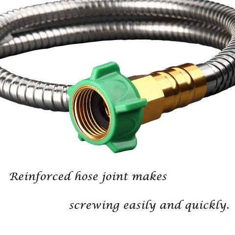 Beaulife brass nozzle on a metal hose, with adjustable spray patterns.