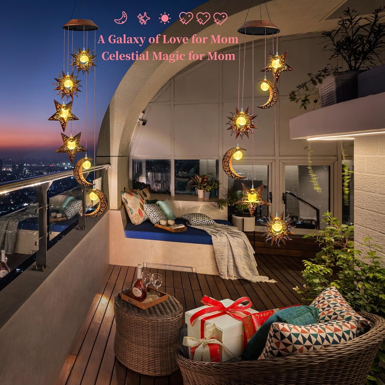 Beautyard wind chimes provide ambient garden lighting powered by solar energy.