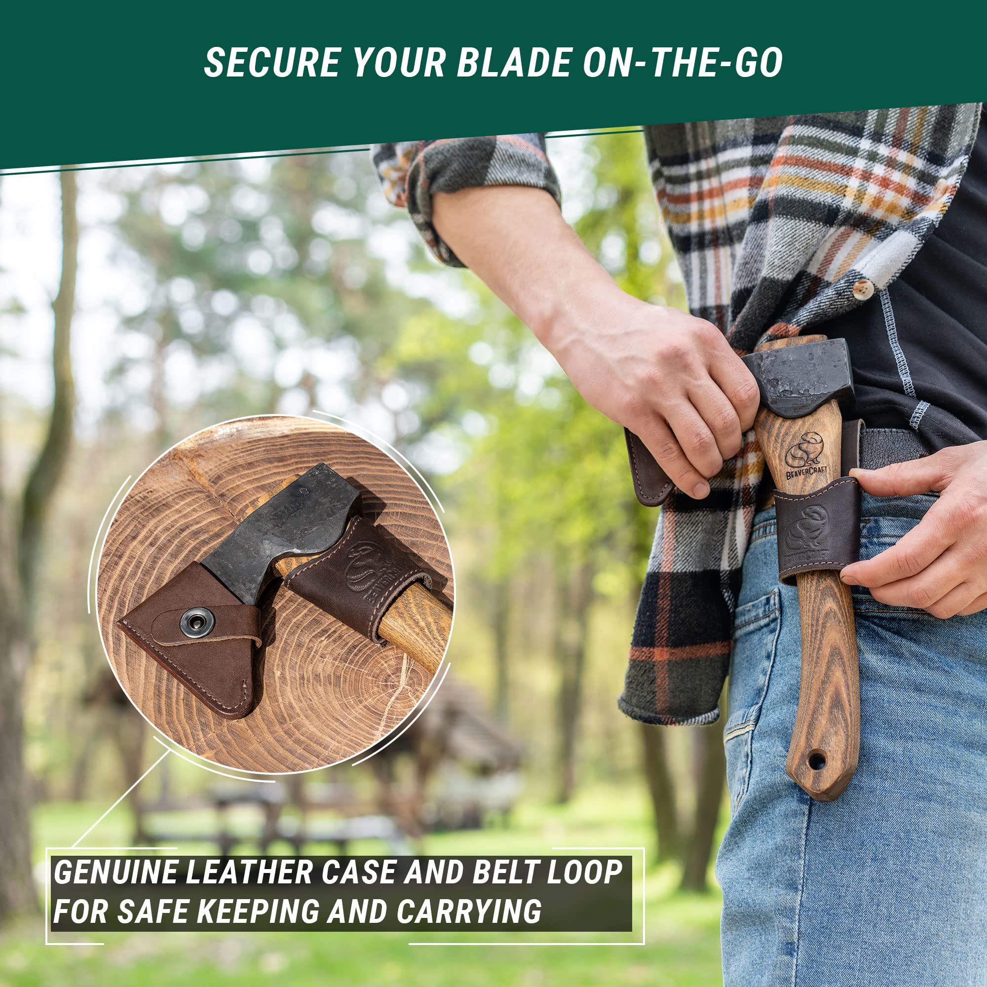 BeaverCraft AX1 cowhide sheath protects the blade and gear during transport.