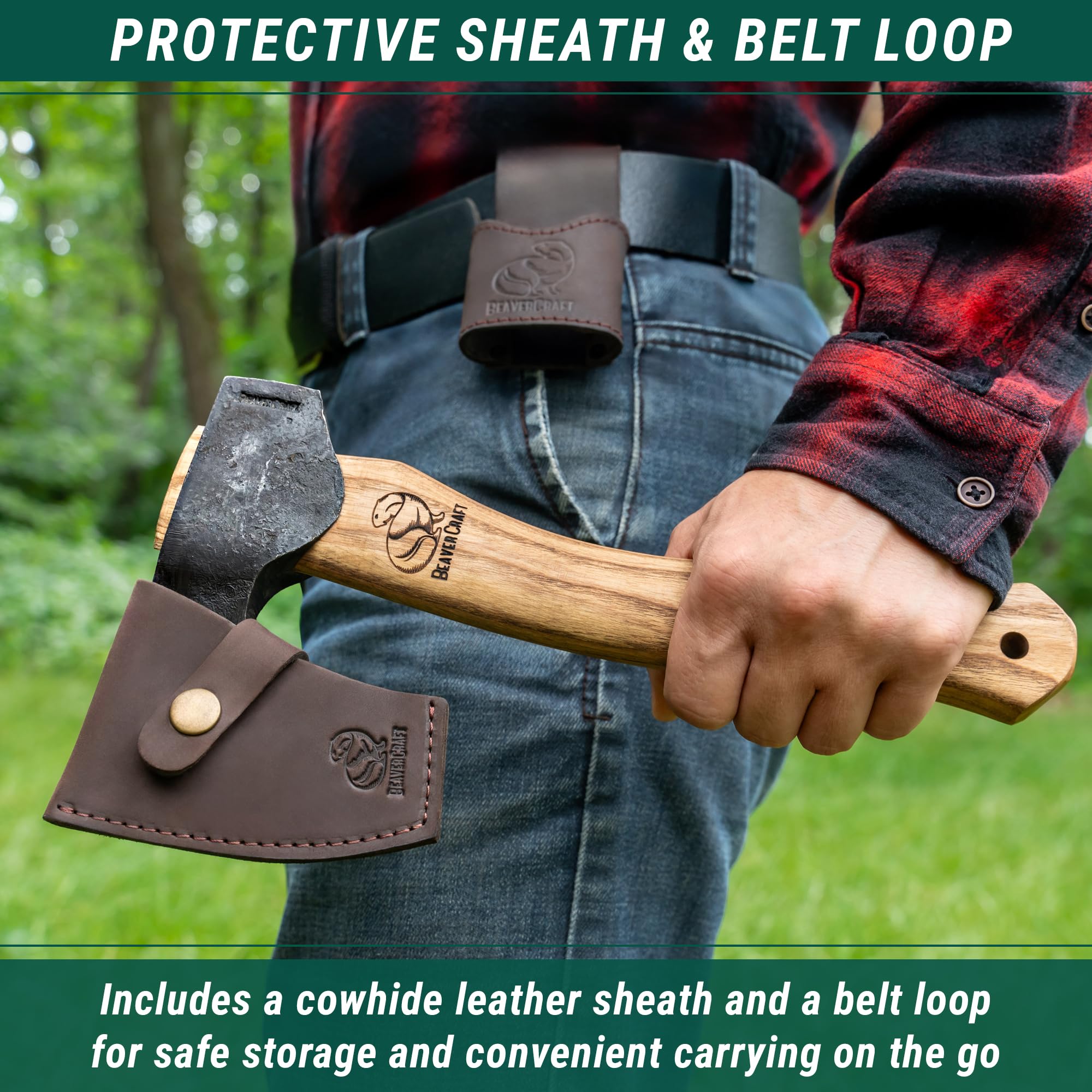BeaverCraft AX6 leather sheath included for safe transport and protection.