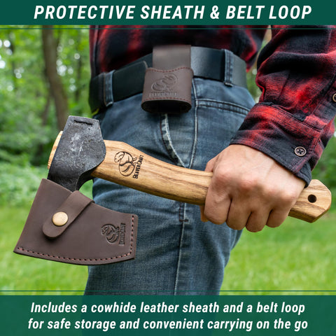 BeaverCraft AX6 leather sheath included for safe transport and protection.