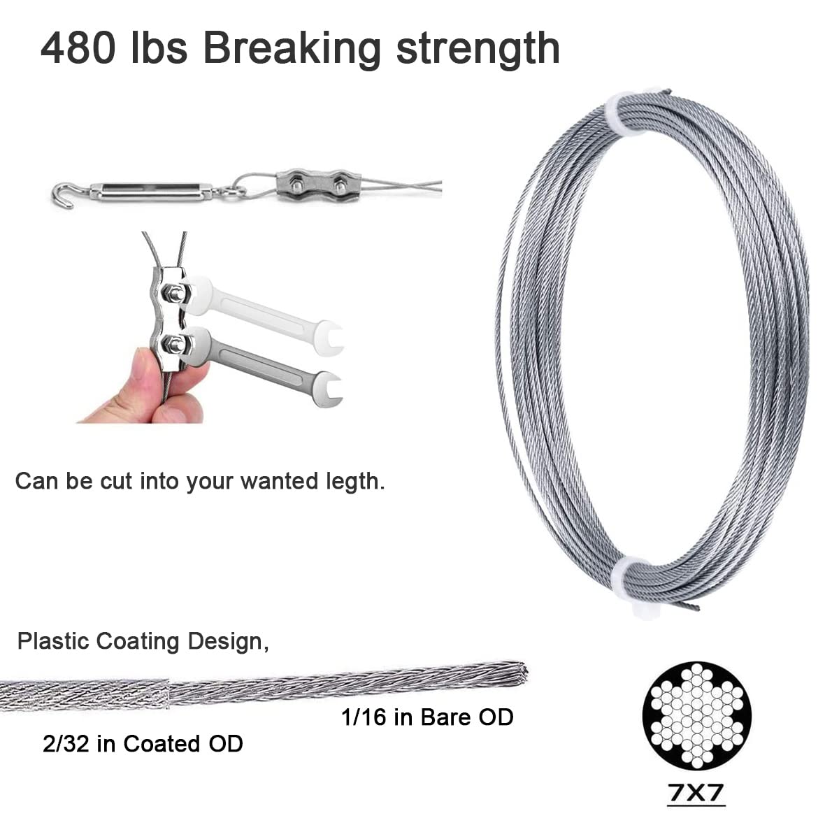BEAYFILY 50ft wire rope cable supports long-span shade setups.