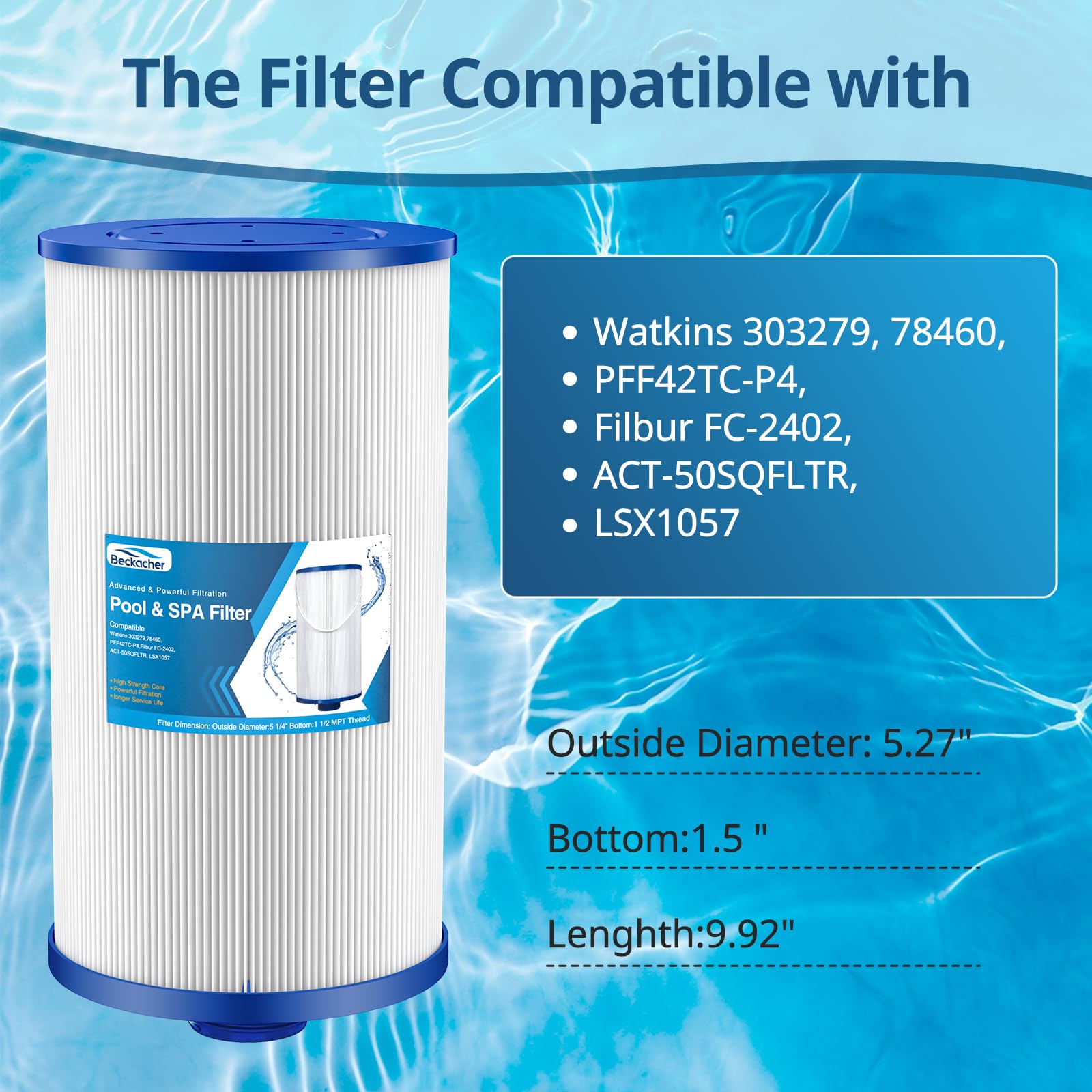 Beckacher FC-2402 filter packaged image shows ready-to-use replacement for spa care