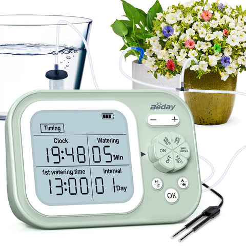 Beday automatic plant waterer demonstrates multi-pot irrigation for healthy indoor greenery.