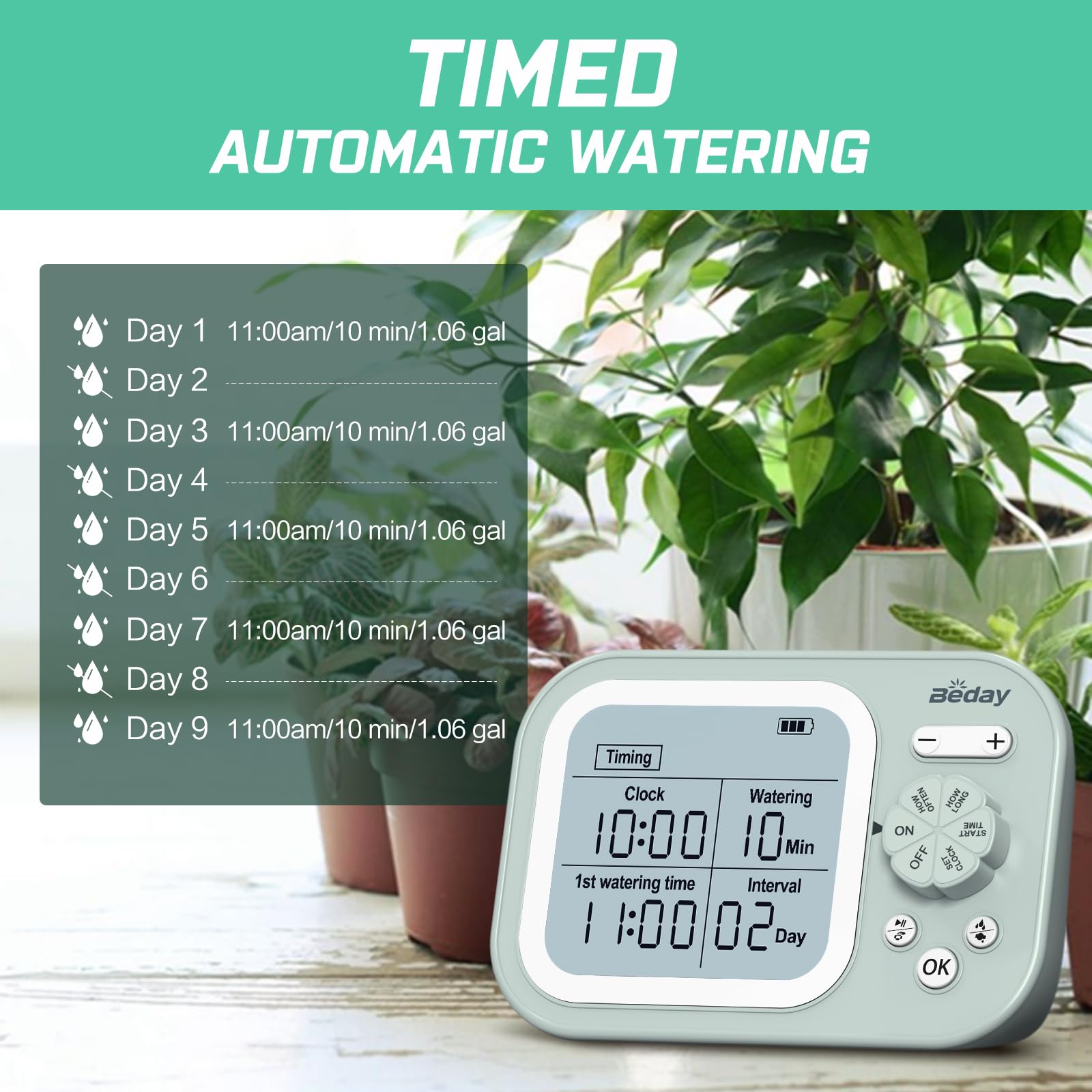 Beday coverage for 15 pots with organized tubing enables efficient irrigation.
