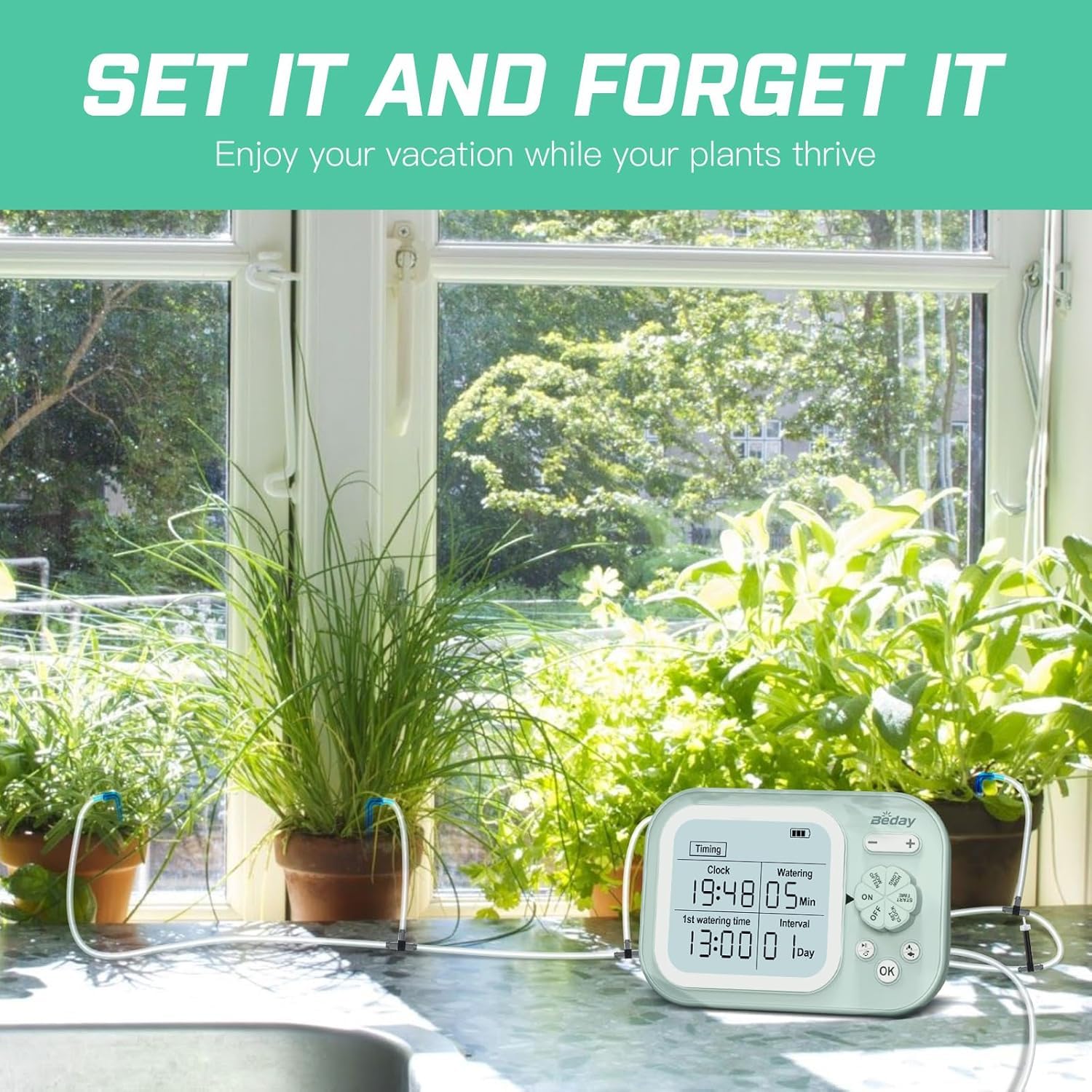 Beday self-watering system with long tubing reaching distant pots for consistent hydration.