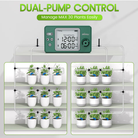 Beday solar panel and battery powering reliable watering day and night.