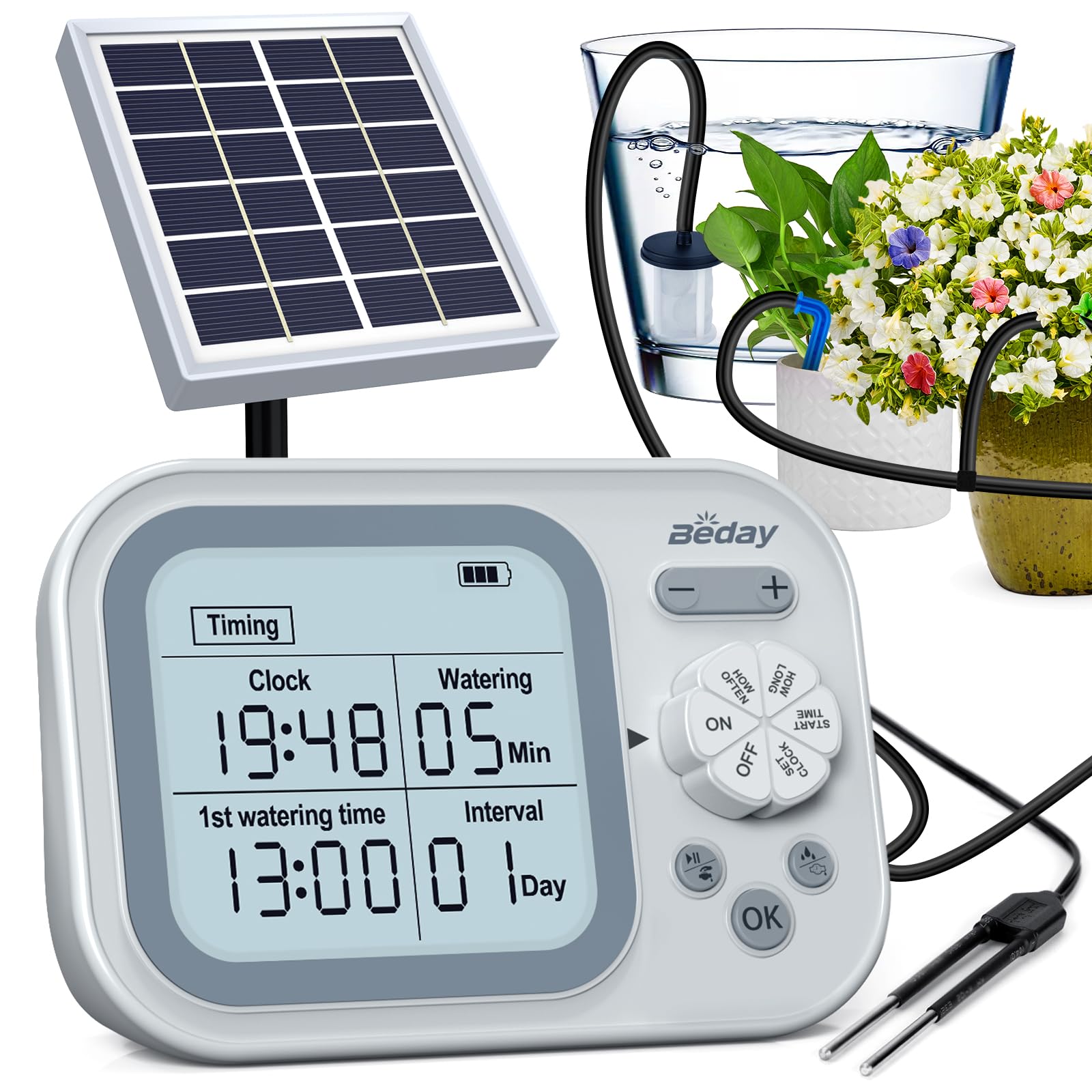 Beday solar panel powering autonomous irrigation for outdoor and indoor plants.