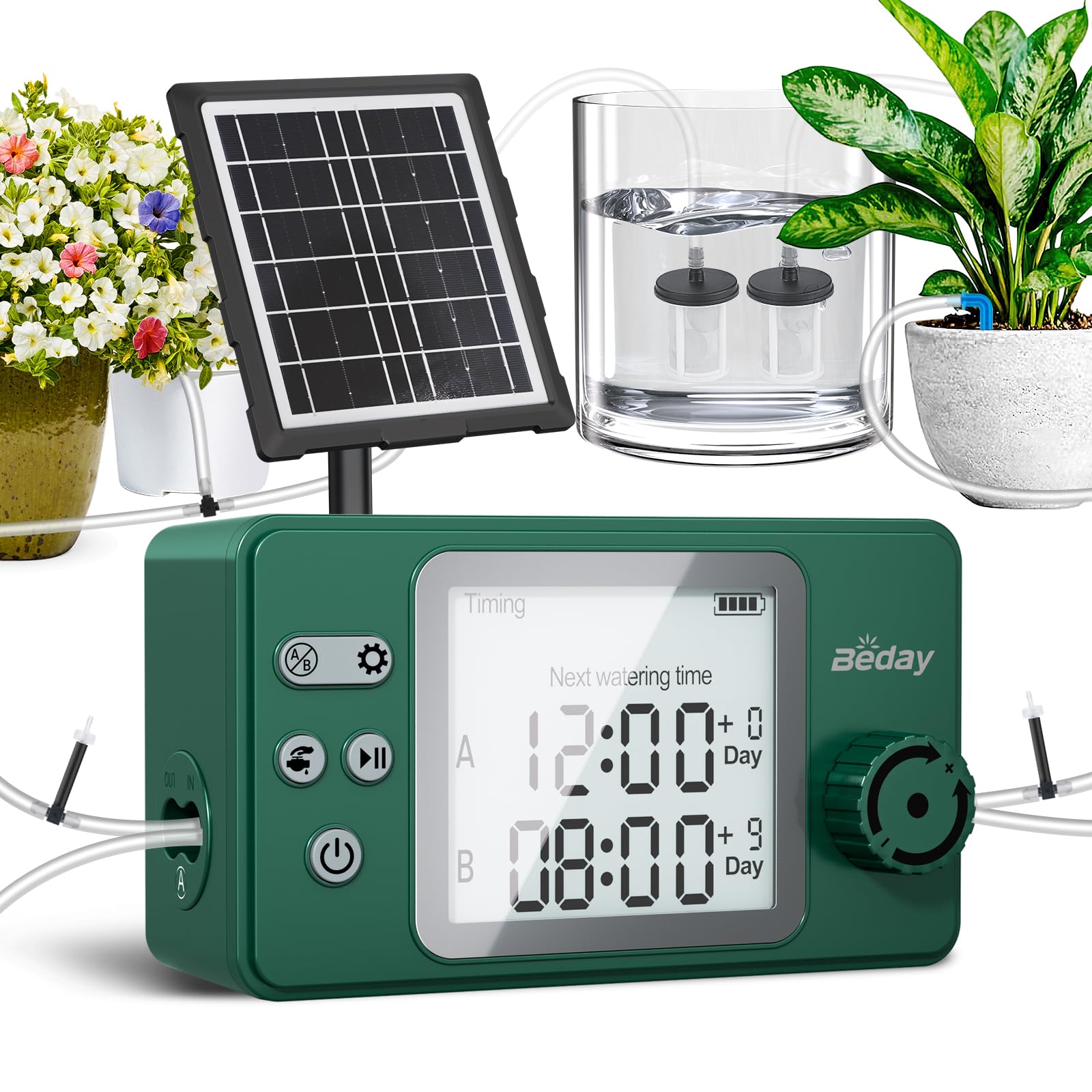Beday solar-powered drip irrigation kit overview showing dual pumps for multi-pot watering.