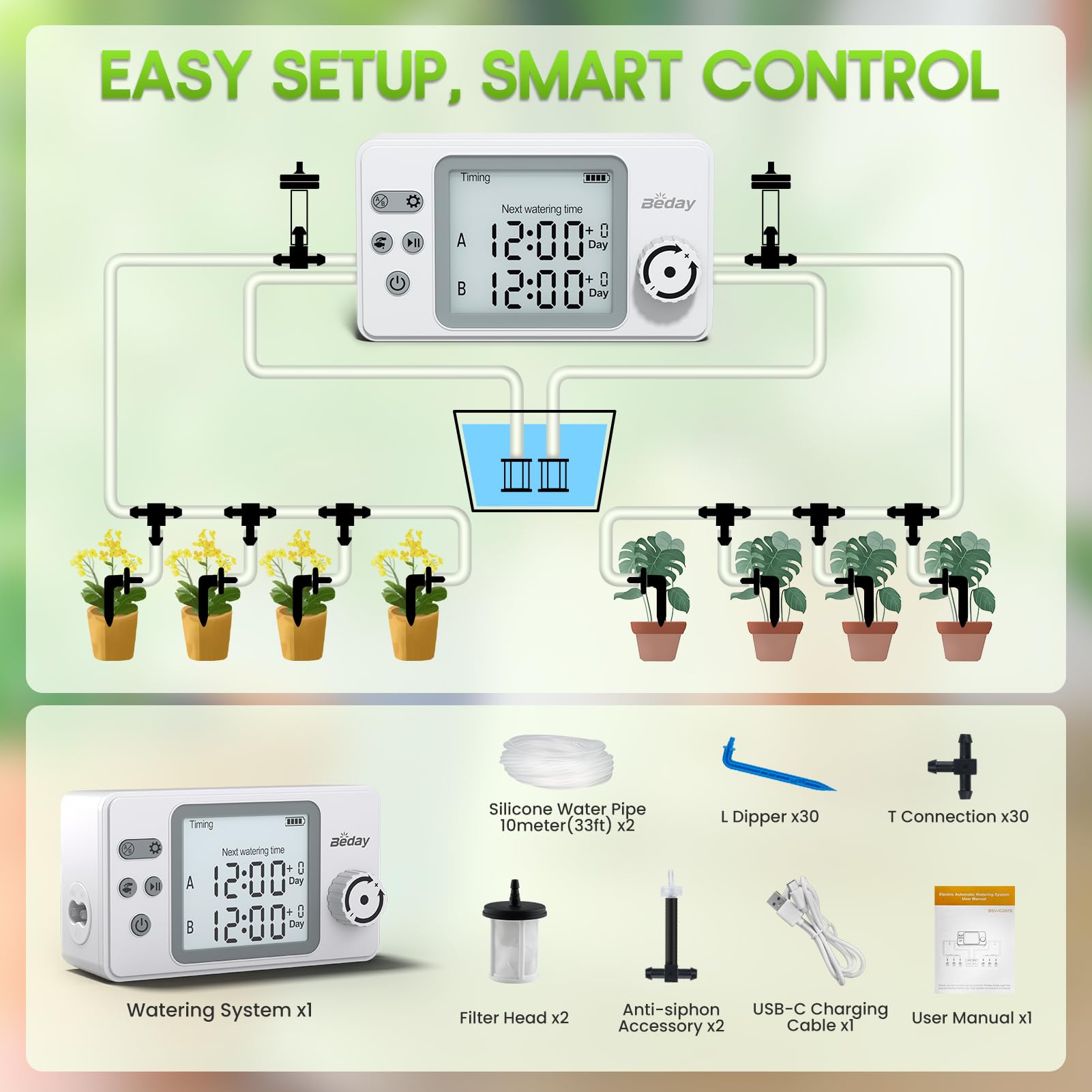 Beday vacation mode ensures steady irrigation during trips with plug-in option