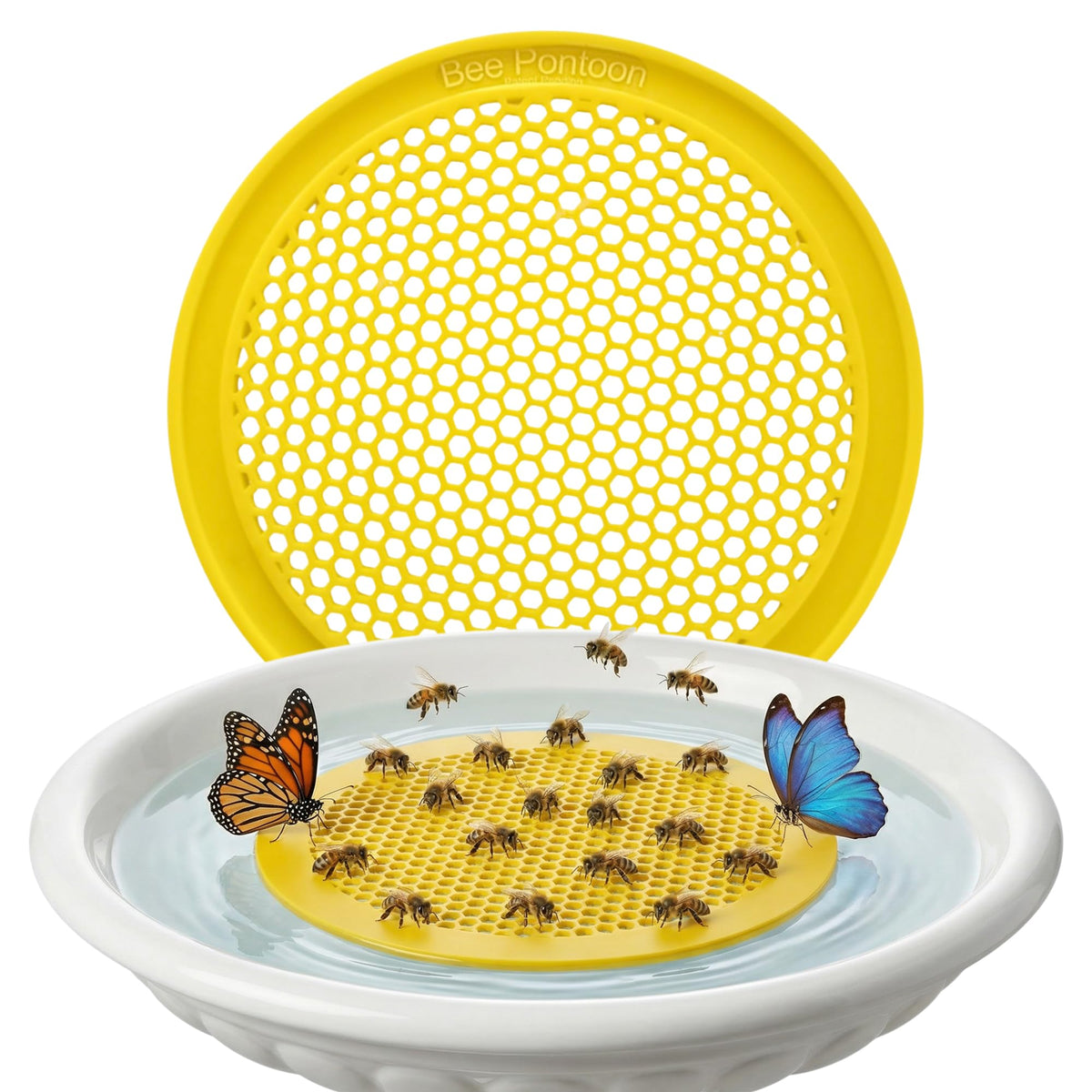 Bee Pontoon honeycomb landing pad invites pollinators to water, enhancing garden visits.