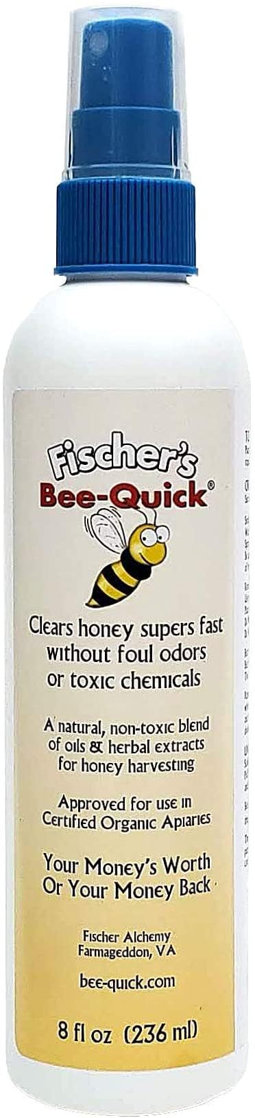 Bee-Quick bottle spray showing application for safe honey harvest