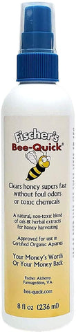 Bee-Quick bottle spray showing application for safe honey harvest