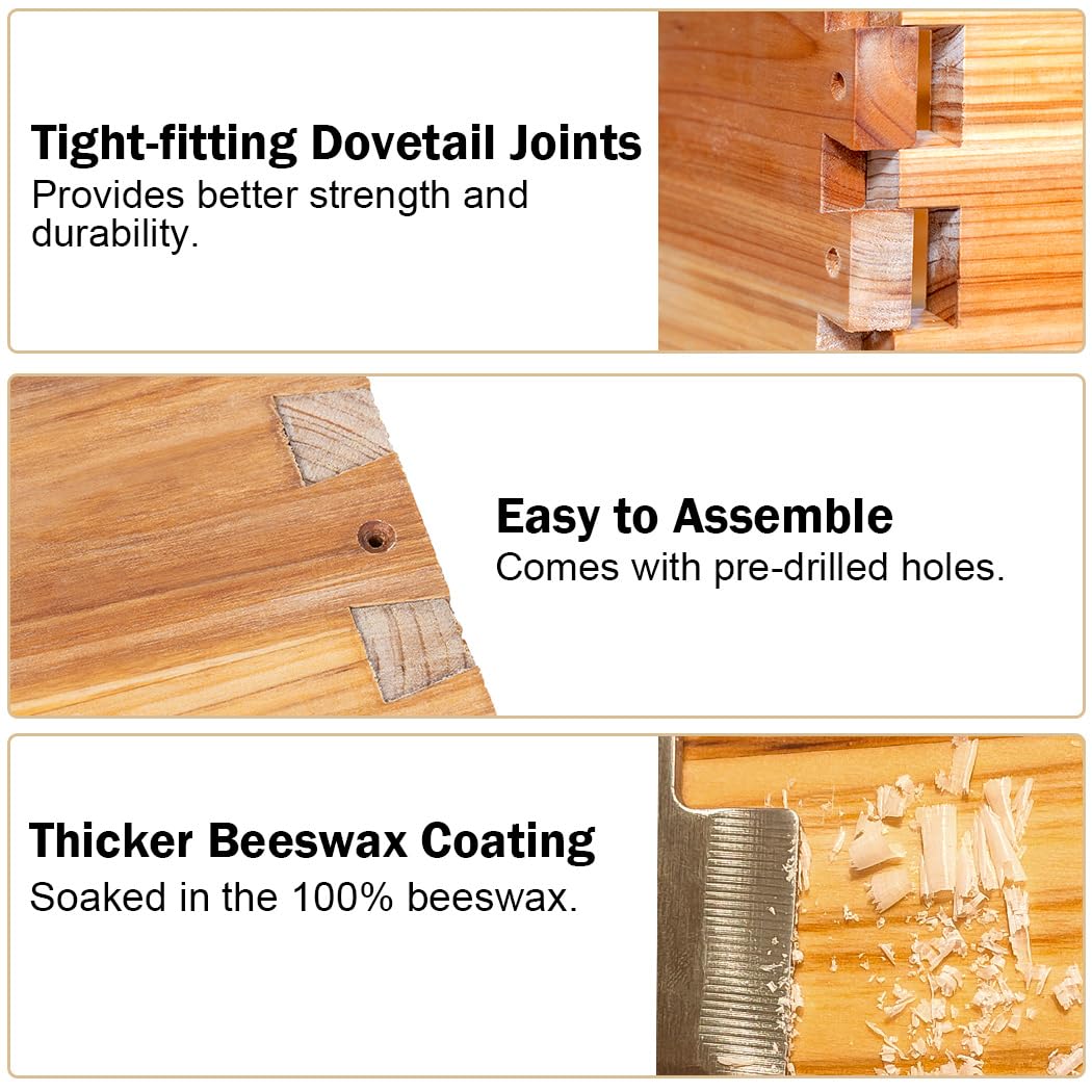 BeeCastle beeswax-coated hive increases durability and water resistance.