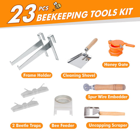 BeeCastle honey harvesting tools set arranged for safe, efficient honey extraction