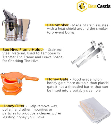 BeeCastle leather gloves and bee suit for comfortable protection while handling hives.