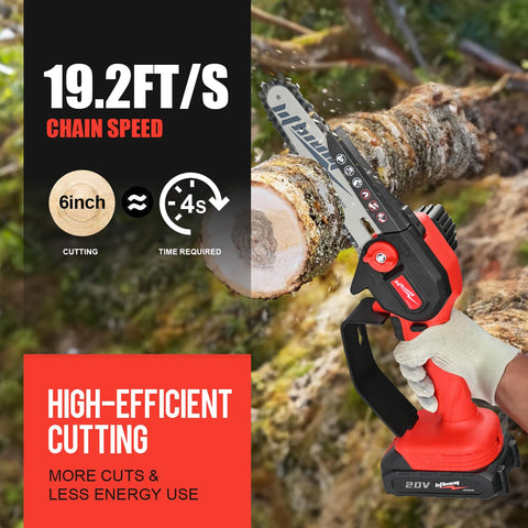 Beedeck cordless mini chainsaw battery pack powers extended trimming sessions.