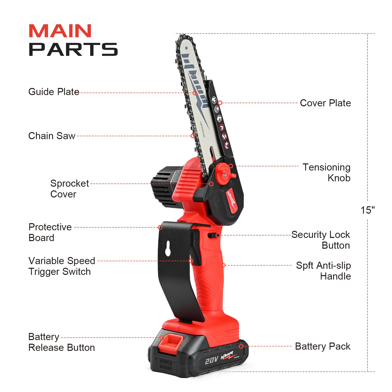 Beedeck mini chainsaw automatic chain tensioning for easy maintenance.