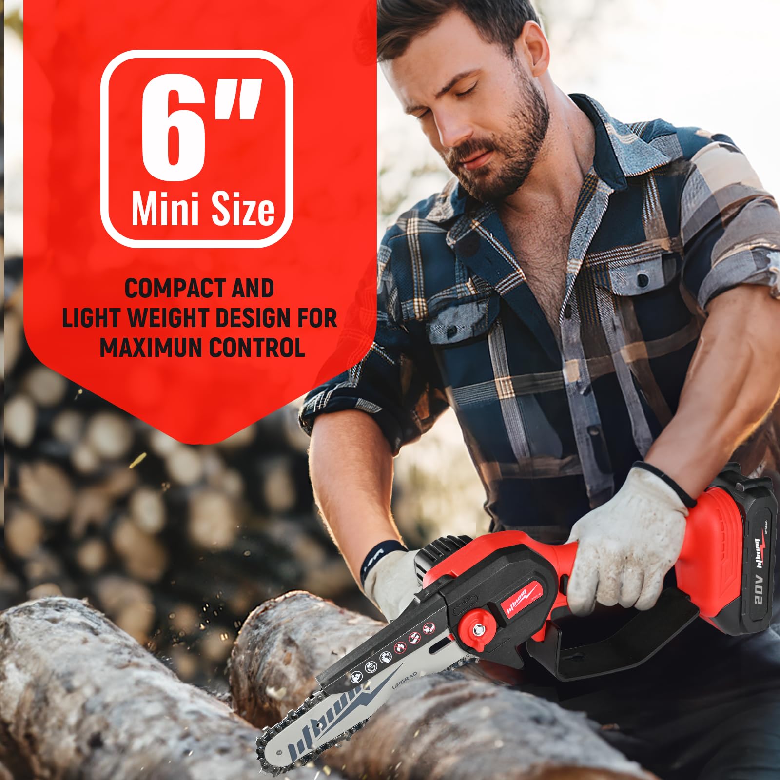 Beedeck mini chainsaw ergonomic grip for comfortable one-handed use.