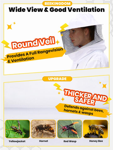 Detachable veil on the BEEKINGDOM suit protects face and neck during beekeeping tasks