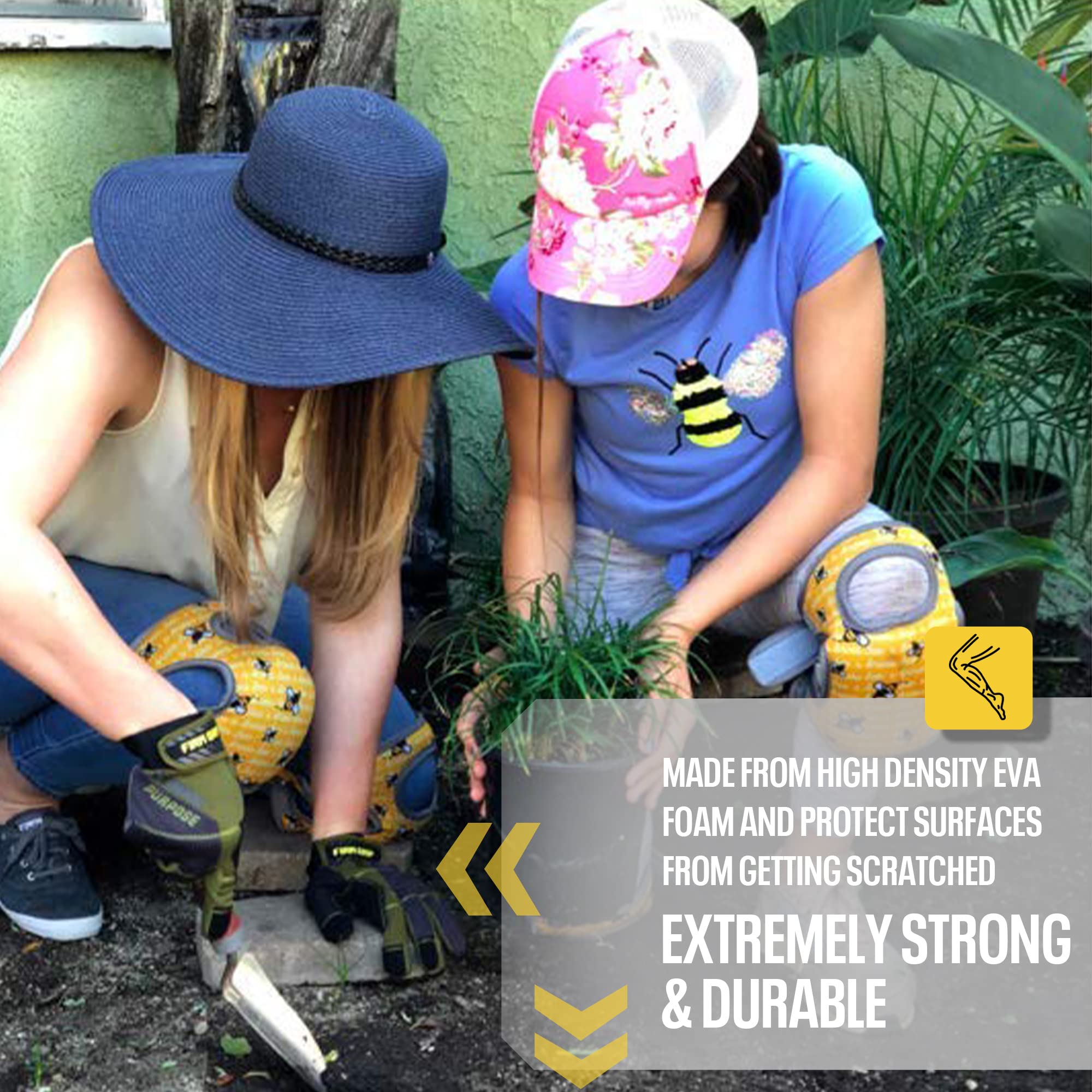 Bee's Knees longer adjustable straps demonstrate secure fit during gardening.
