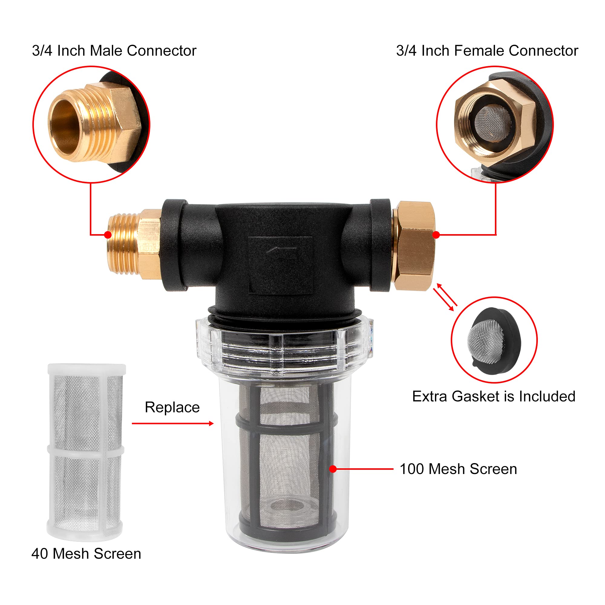 BEETRO 3/4-inch threaded filter connects to pressure washer inlets and garden hoses.