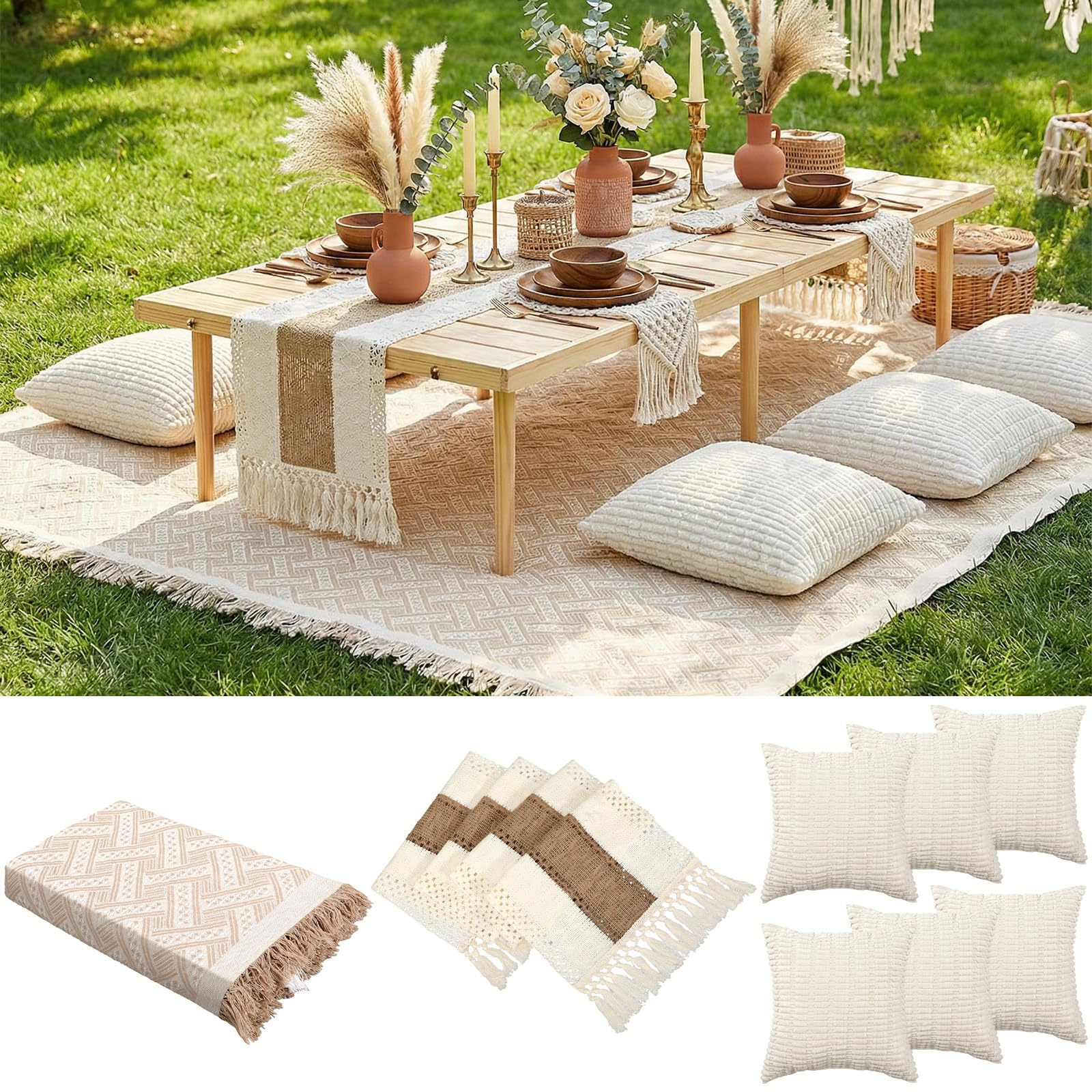 Beeveer boho picnic blanket 91x71 in beige and white for outdoor gatherings.