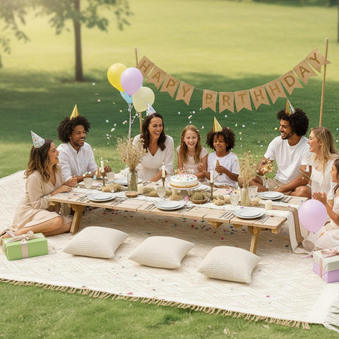 Beeveer plush pillow cover provides soft seating for outdoor gatherings.
