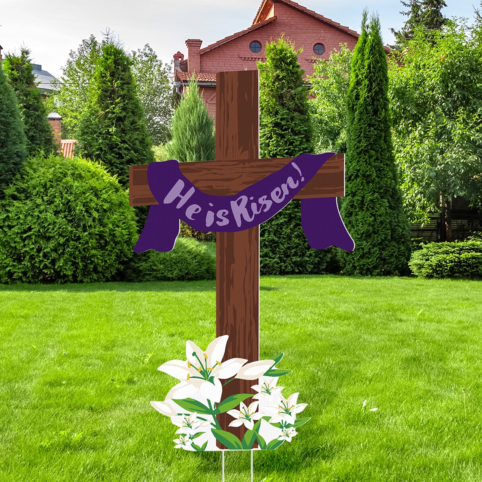 Beeveer Easter He Is Risen yard sign with stakes, bright outdoor display.