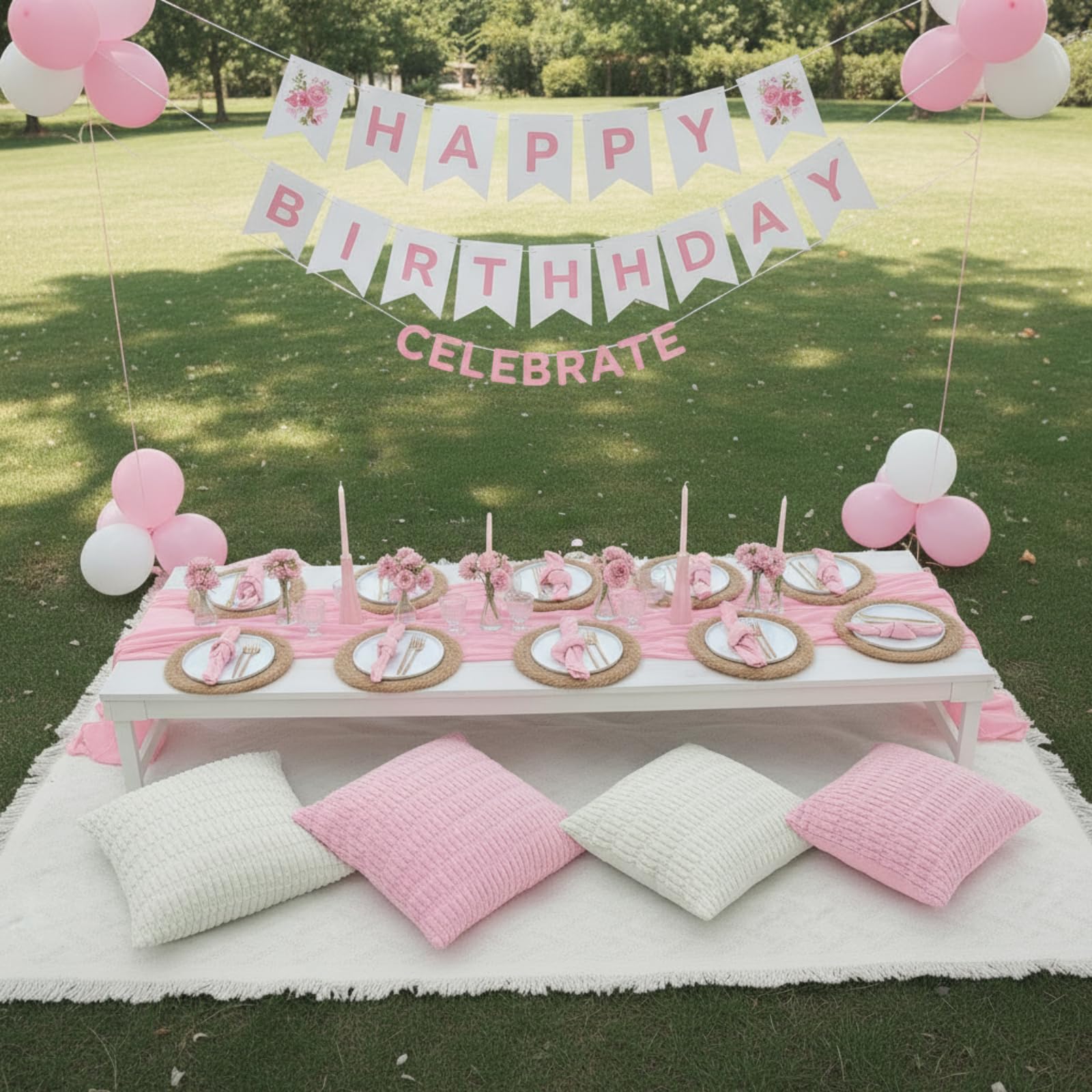 Beeveer pink boho table runner adding elegant decor to outdoor setup