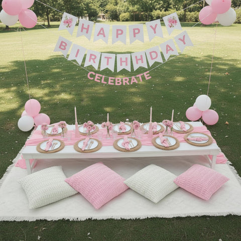 Beeveer pink boho table runner adding elegant decor to outdoor setup