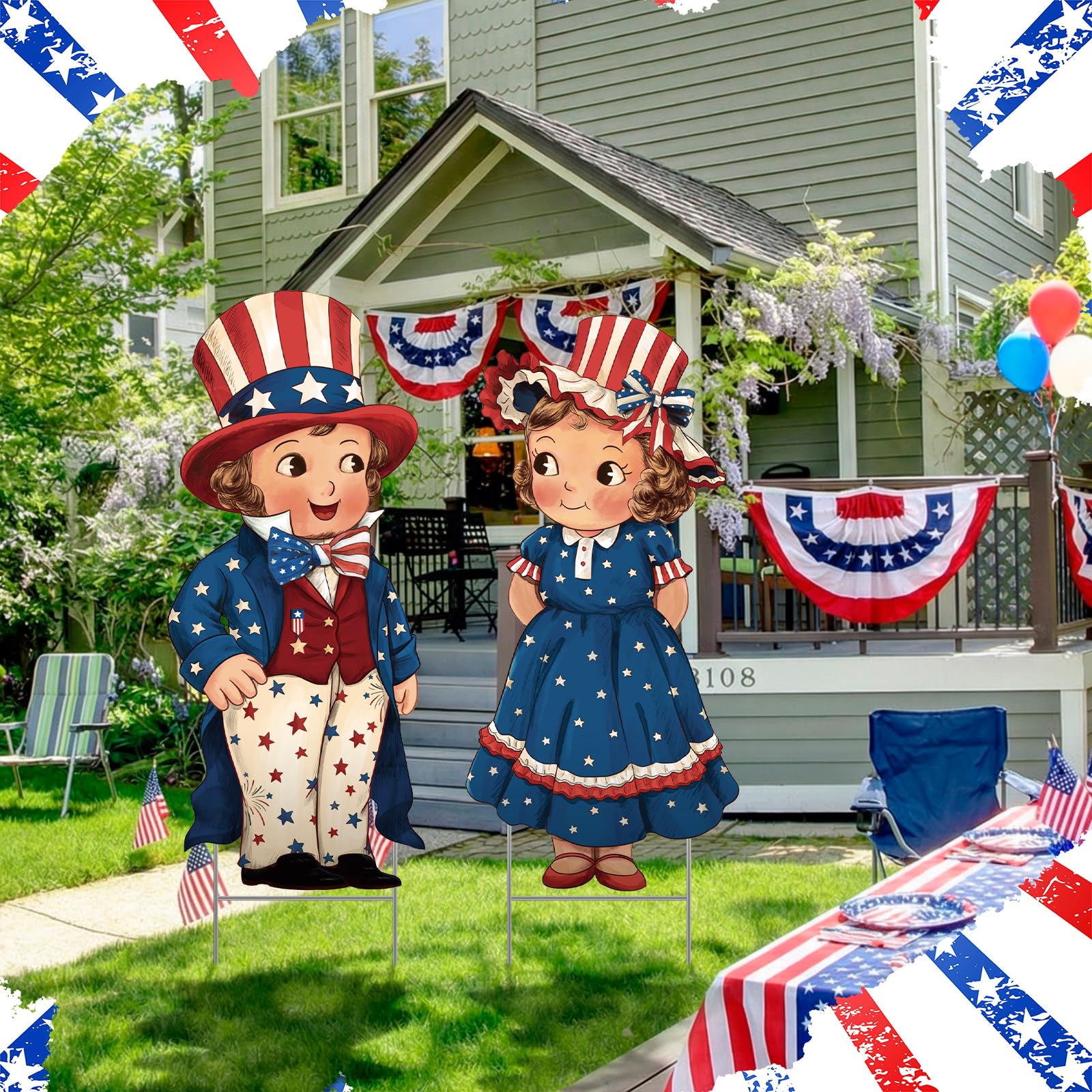 Beeveer red white blue yard decor signs with stakes add festive color.