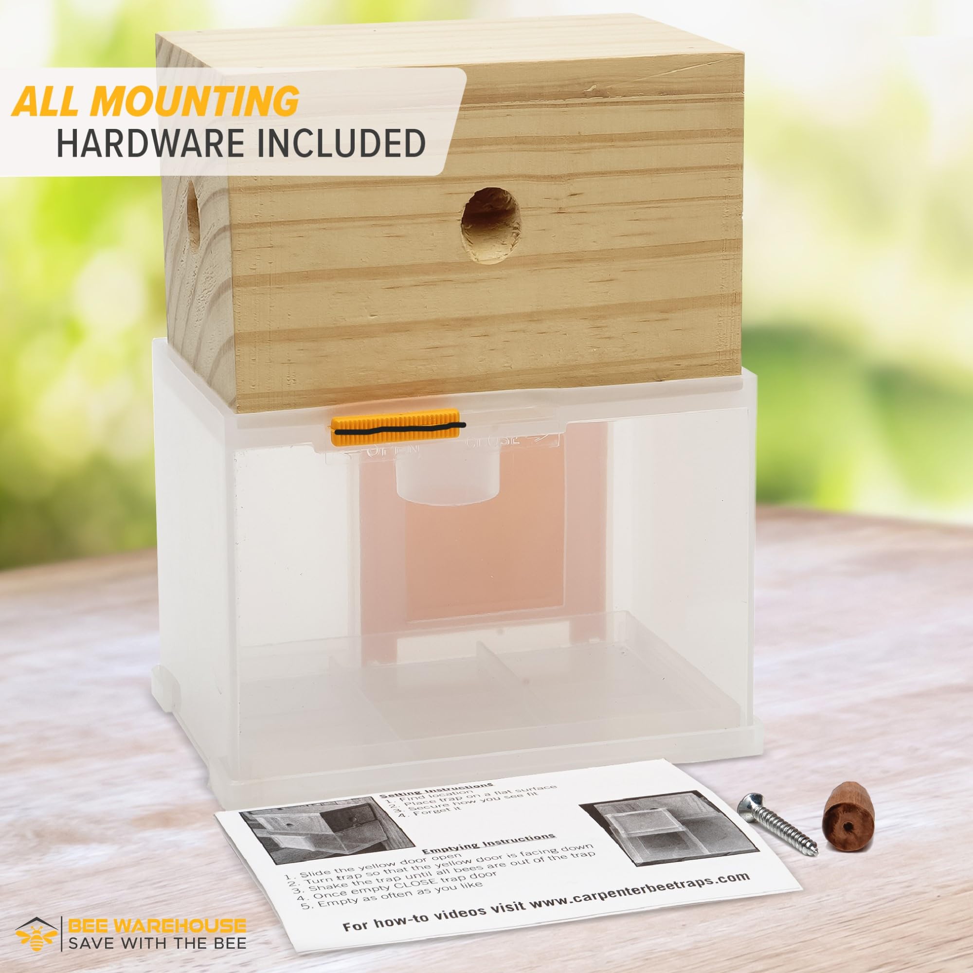 Bee Warehouse carpenter bee trap catch chamber open shows easy release access.