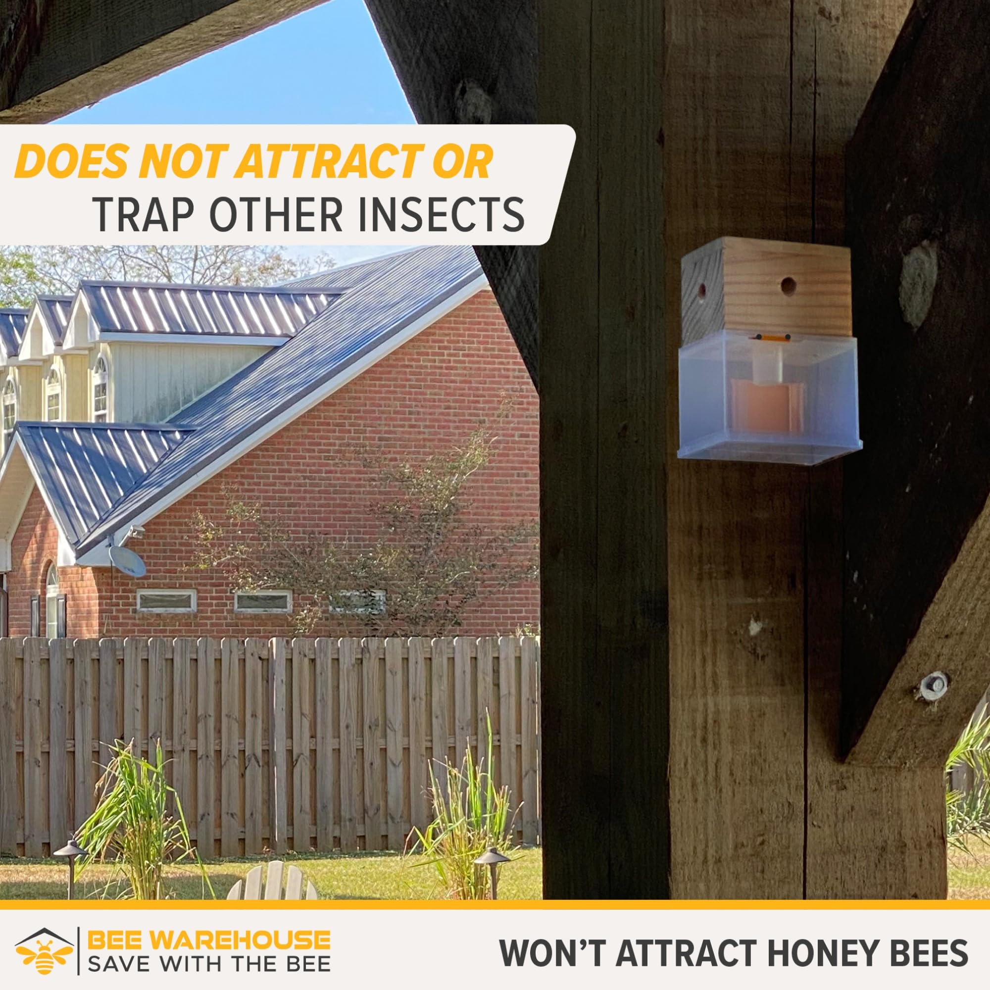 Bee Warehouse trap hanging hardware enables convenient outdoor placement.
