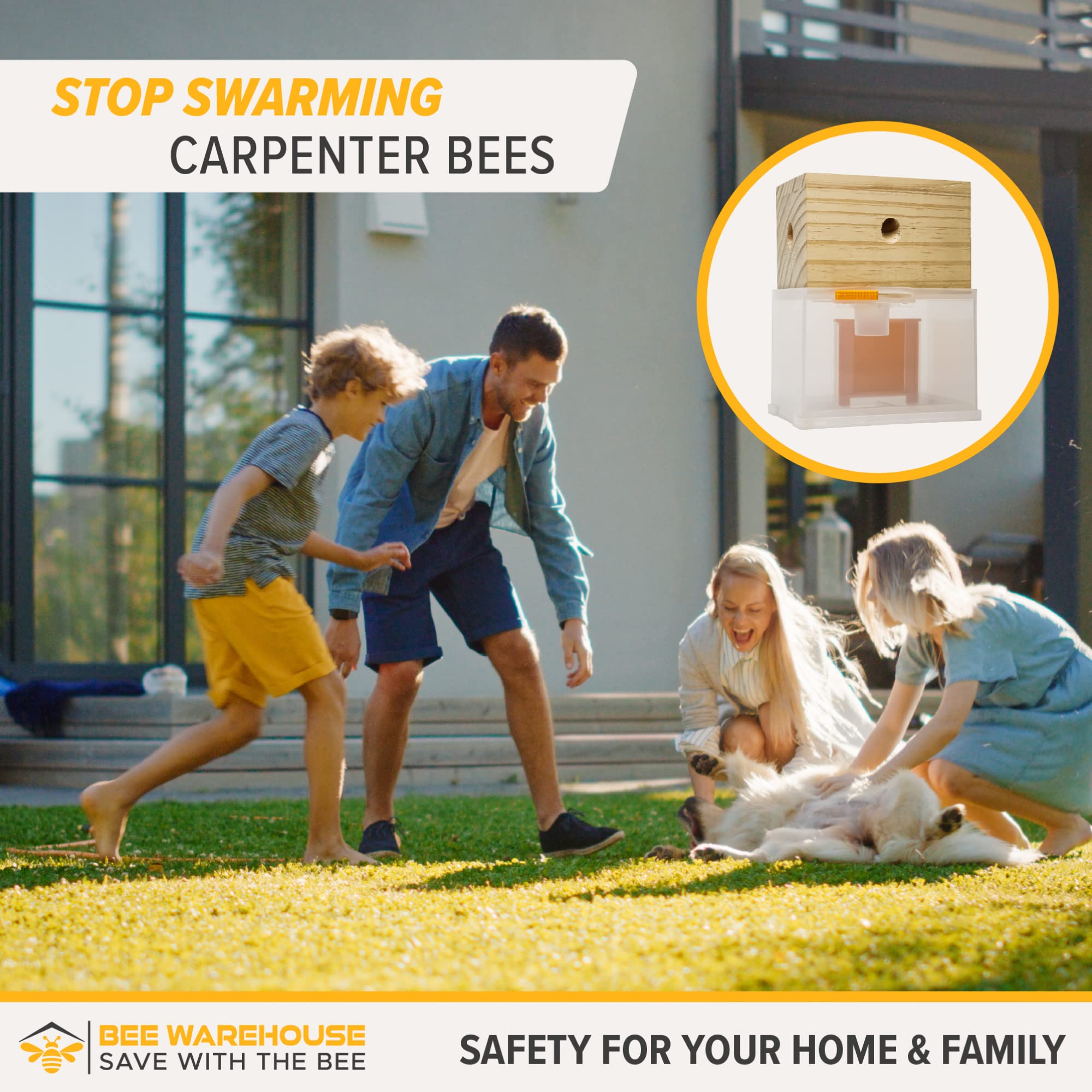 Bee Warehouse carpenter bee trap large catch chamber reduces frequent emptying.