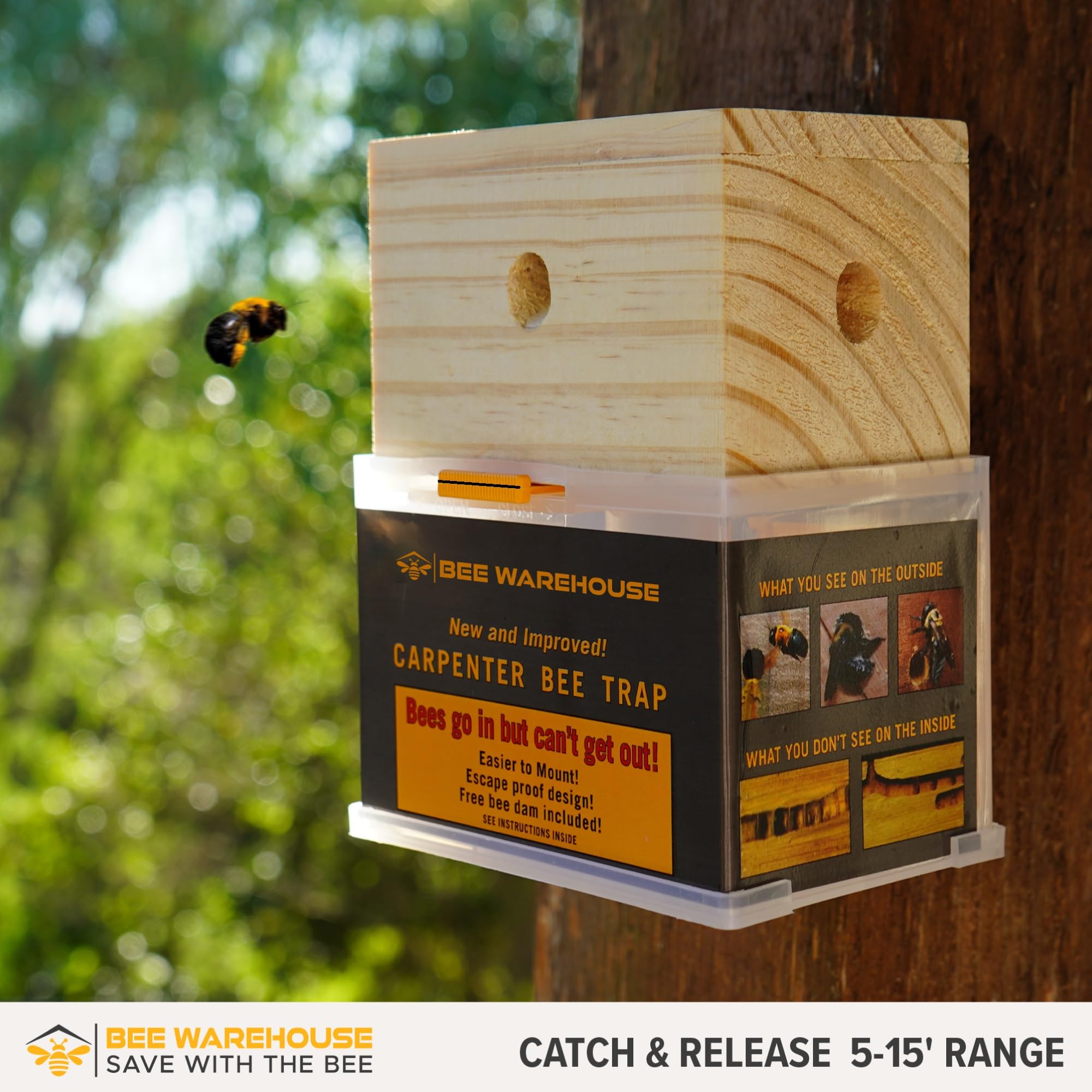 Bee Warehouse trap side view highlights durable construction and mounting options.